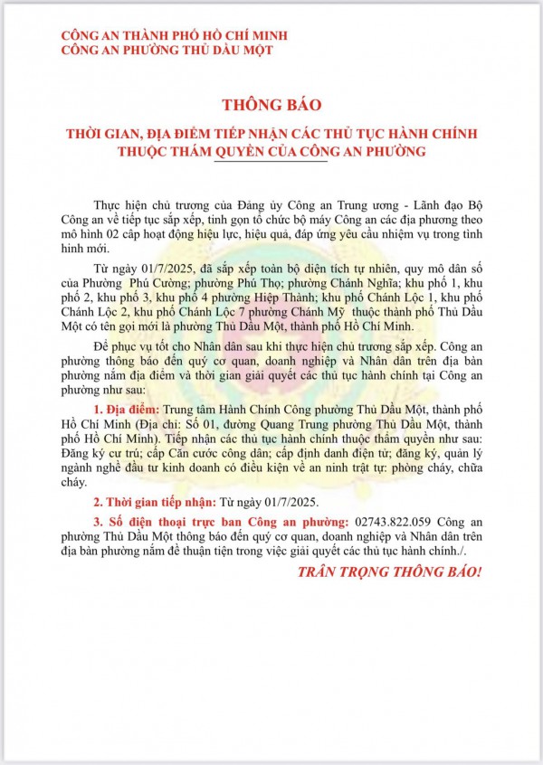 Công an phường Thủ Dầu Một tiếp nhận thủ tục hành chính ở đâu? Công an phường Thủ Dầu Một tiếp nhận thủ tục hành chính ở đâu?