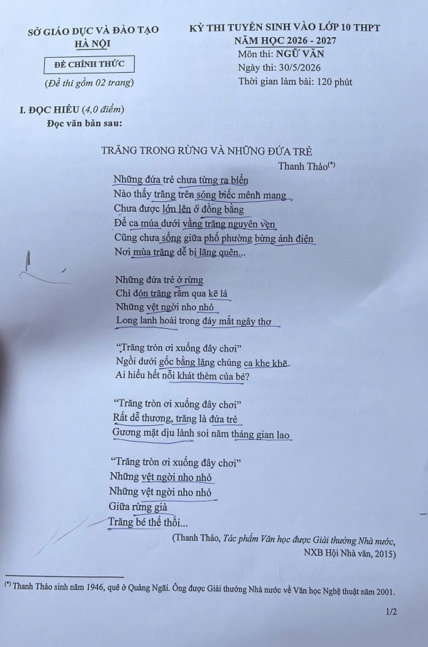 Thơ Thanh Thảo vào đề thi ngữ văn tuyển sinh lớp 10 của Hà Nội Thơ Thanh Thảo vào đề thi ngữ văn tuyển sinh lớp 10 của Hà Nội