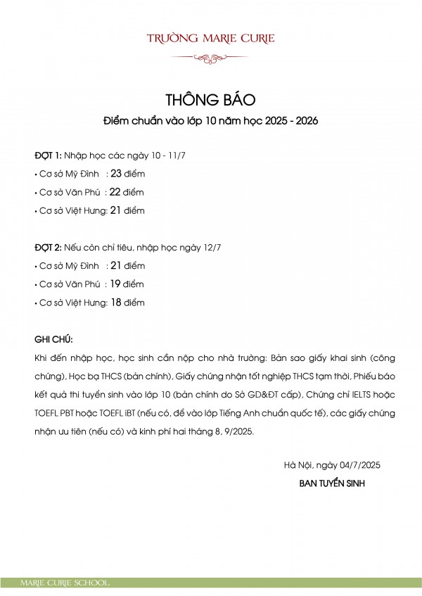 Trường tư thục 'hot' công bố điểm chuẩn vào lớp 10 Trường tư thục 'hot' công bố điểm chuẩn vào lớp 10